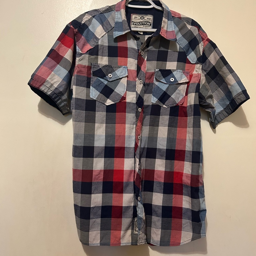 Evolution Plaid Cotton  Button Down Shirt XL Navy, Red & Light Blue